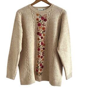 Tulchan 100% Wool Floral Embroidered Pullover Sweater L Cottagecore Country Boho